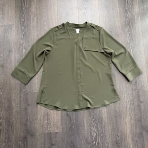 Chicos Olive Green 3/4 Sleeve Blouse Top Sz 3 XL 16/18 Minimalist Office Career